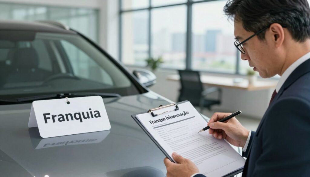 A detailed illustration depicting a split scene related to "franquia indenização" in auto insurance. In the foreground, a professional in business attire, a middle-aged man with glasses, examines a car insurance policy on a clipboard, with a concerned expression. The middle section features a close-up of a car with a clear price tag labeled "Franquia" attached. In the background, a modern office setting with a large window showcasing a cityscape, filled with soft natural light. The atmosphere should feel serious and informative, emphasizing the importance of understanding car insurance components. The image should have a realistic look and use a shallow depth of field to draw attention to the foreground and middle elements, creating an engaging and professional feel.