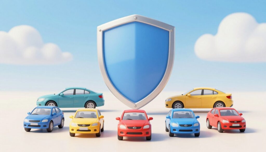 A detailed image showcasing various types of automotive coverage options. In the foreground, display a collection of vehicle icons representing different coverage types, like collision, comprehensive, liability, and personal injury. Each vehicle icon should be visually distinct and colorful, suggesting protection and reliability. In the middle ground, incorporate a stylized illustration or infographic depicting a shield or protective layer around the vehicles, symbolizing coverage. The background should be a soft gradient showing a blue sky and fluffy clouds, evoking a sense of safety. Use bright, natural lighting to create an inviting atmosphere. The angle should be slightly elevated, providing a clear view of all elements without distractions or text. The overall mood should convey security and confidence in vehicle protection.